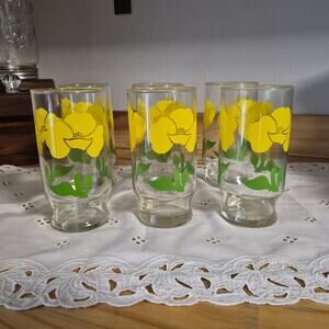 6 Vintage Anchor Hocking Fire King Yellow Foxy Flower Tall Drinking Glasses